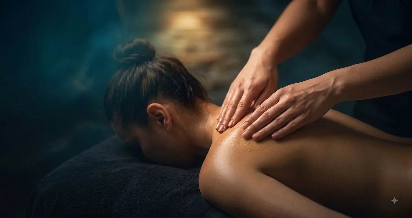 Mains d’une praticienne massant le dos et la nuque d’une cliente allongée
